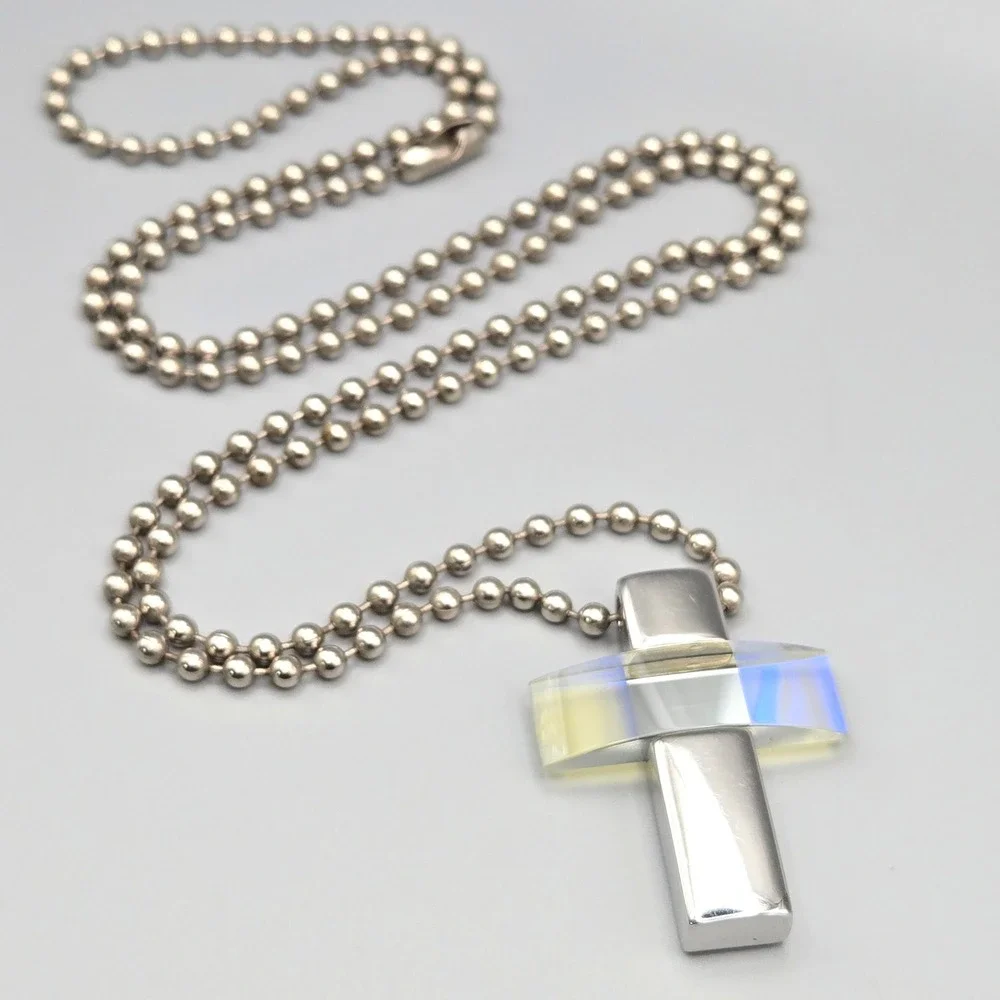 STORM London Stainless‎ Steel Iridescent Glass Cross Pendant Ball Chain Necklace
